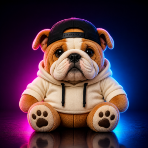 Fat Dogg bulldog plush in a cream hoodie and black cap